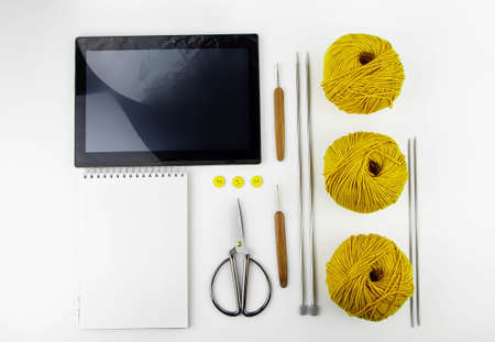 Online training of knitting at home in quarantine. Flat layout.の写真素材
