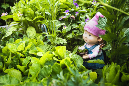 The garden figure of a dwarf girl stands in flowers. Concept garden decorの写真素材