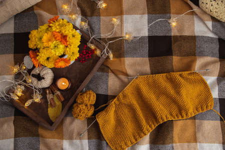View from above of the cozy atmosphere of home crafts. On a plaid blanket knitting process, a wooden tray with decor: candle, autumn bouquet, garlandの写真素材