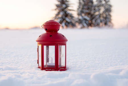 Christmas lantern in evening winter forest. New Year and Christmas holiday, magic natural...