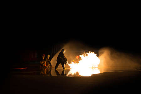 Man in fire show after Firefighters training, Rehearse of firefighters from gas tank.