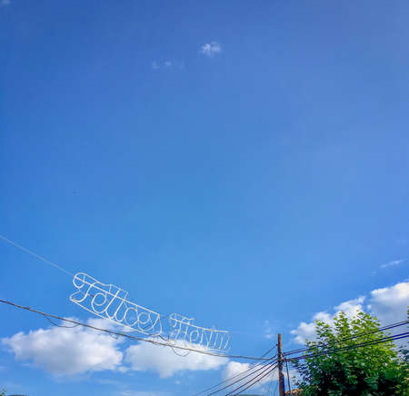 Sign of Felices fiestas in a sunny day in Lozoya, Madridの写真素材