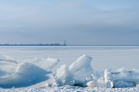 broken ice on a frozen lakeの写真素材