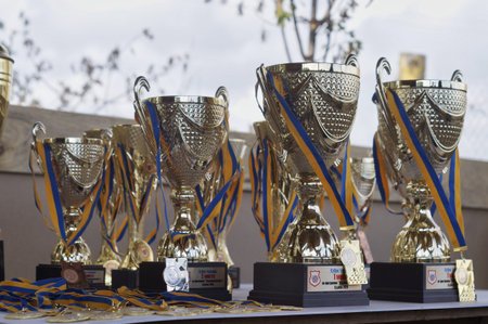 Silver trophies with blue and yellow ribbons displayed on a table before an award ceremony. The