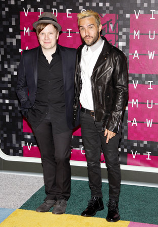 Pete Wentz and Patrick Stump of Fall Out Boy at the 2015 MTV Video Music Awards held at the Microsoft Theater in Los Angeles, USA on August 30, 2015.のeditorial素材