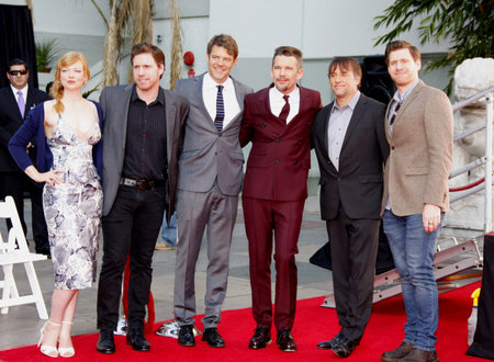 Ethan Hawke, Sarah Snook, Richard Linklater, Michael Spierig and Peter Spierig at the Ethan Hawke Hand And Footprint Ceremony held at the TCL Chinese Theatre in Hollywood on January 8, 2015.のeditorial素材