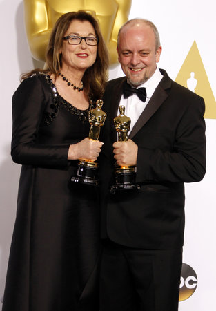 Frances Hannon and Mark Coulier at the 87th Annual Academy Awards - Press Room held at the Loews Hollywood Hotel in Hollywood, USA on February 22, 2015.のeditorial素材