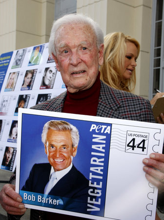 PETA Goes Postal: Pamela Anderson and Bob Barker Unveil Vegetarian Icons Postage Sheet held at the Hollywood Post Office in Hollywood, USA on November 29, 2011.のeditorial素材