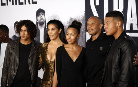 Dr. Dre and Nicole Young at the Los Angeles premiere of 'Straight Outta Compton' held at the Microsoft Theater in Los Angeles, USA on August 10, 2015.のeditorial素材