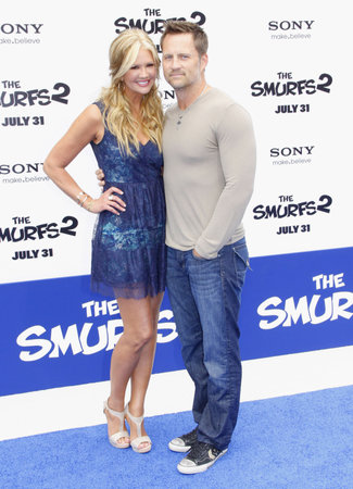 Nancy O'Dell and Keith Zubulevich at the Los Angeles premiere of "Smurfs" held at the Regency Village Theater in Westwood on July 28, 2013 in Los Angeles, California.のeditorial素材