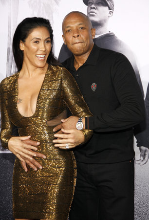 Dr. Dre and Nicole Young at the Los Angeles premiere of 'Straight Outta Compton' held at the Microsoft Theater in Los Angeles, USA on August 10, 2015.のeditorial素材