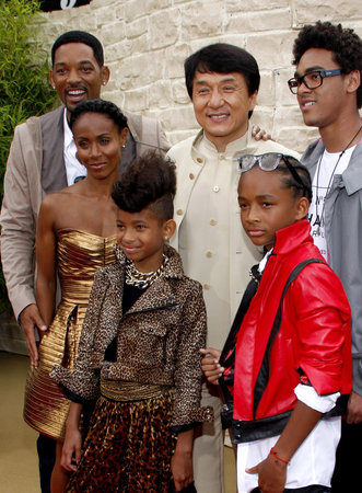 Jada Pinkett Smith, Will Smith, Jaden Smith, Jackie Chan, Trey Smith and Willow Smith at the Los Angeles premiere of 'The Karate Kid' held at the Mann Village Theater in Westwood, USA on June 7, 2010.のeditorial素材