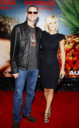 Jim Carrey and Jenny McCarthy at the World Premiere of "Pineapple Express" held at the Mann Village Theater in Hollywood, USA on July 31, 2008.のeditorial素材