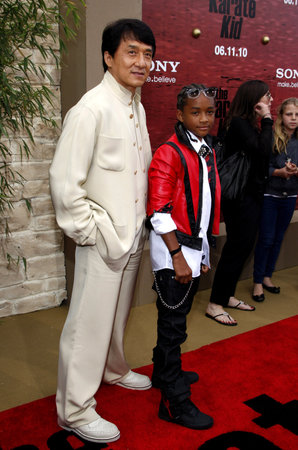 Jackie Chan and Jaden Smith at the Los Angeles premiere of "The Karate Kid" held at the Mann Village Theater in Westwood, USA on June 7, 2010.のeditorial素材