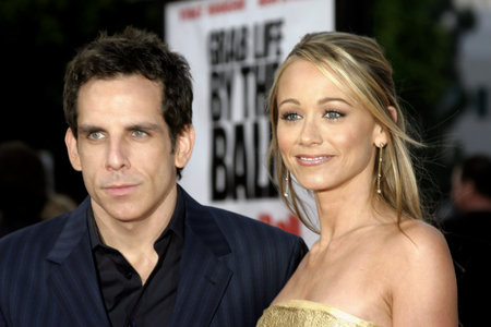 Ben Stiller and Christine Taylor at the Los Angeles premiere of 'Dodgeball' held at the Mann Village Theater in Westwood, USA on June 14, 2004.のeditorial素材