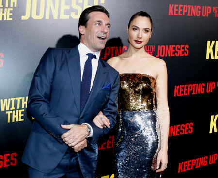 Jon Hamm and Gal Gadot at the Los Angeles premiere of 'Keeping Up With The Joneses' held at the Fox Studios in Los Angeles, USA on October 8, 2016.のeditorial素材