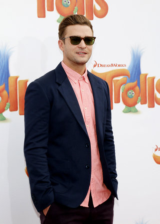 Justin Timberlake at the Los Angeles premiere of 'Trolls' held at the Regency Village Theatre in Westwood, USA on October 23, 2016.のeditorial素材