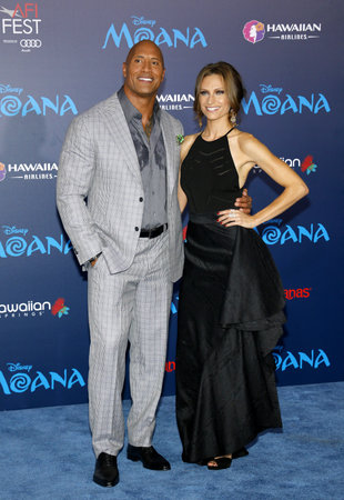 Dwayne Johnson and Lauren Hashian at the AFI FEST 2016 Premiere of 'Moana' held at the El Capitan Theatre in Hollywood, USA on November 14, 2016.のeditorial素材