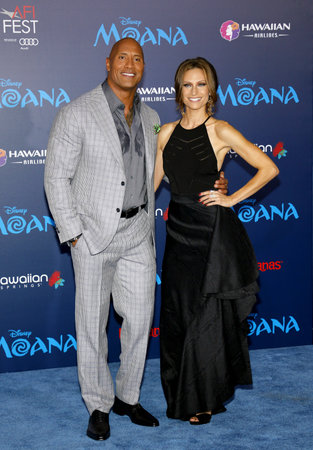 Dwayne Johnson and Lauren Hashian at the AFI FEST 2016 Premiere of 'Moana' held at the El Capitan Theatre in Hollywood, USA on November 14, 2016.のeditorial素材