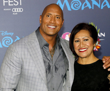 Dwayne Johnson and mom Ata Johnson at the AFI FEST 2016 Premiere of 'Moana' held at the El Capitan Theatre in Hollywood, USA on November 14, 2016.のeditorial素材