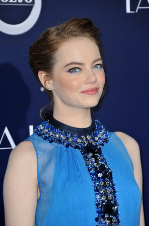 Emma Stone at the Los Angeles premiere of 'La La Land' held at the Mann Village Theatre in Westwood, USA on December 6, 2016.のeditorial素材