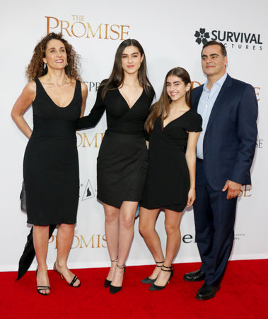 Peter Constantinides, Karina Eleni Constantinides, Zoe Constantinides and Melina Kanakaredes at the Los Angeles premiere of 'The Promise' held at the TCL Chinese Theatre in Hollywood, USA on April 12, 2017.のeditorial素材