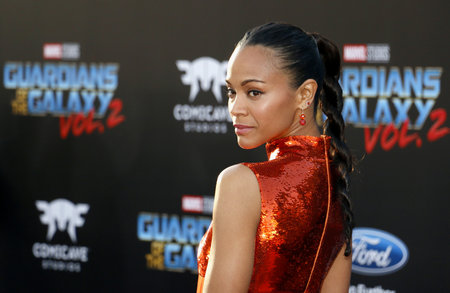 Zoe Saldana at the Los Angeles premiere of 'Guardians Of The Galaxy Vol. 2' held at the Dolby Theatre in Hollywood, USA on April 19, 2017.のeditorial素材