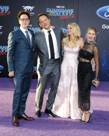James Gunn, Chris Pratt, Anna Faris and Jennifer Holland at the Los Angeles premiere of 'Guardians Of The Galaxy Vol. 2' held at the Dolby Theatre in Hollywood, USA on April 19, 2017.のeditorial素材