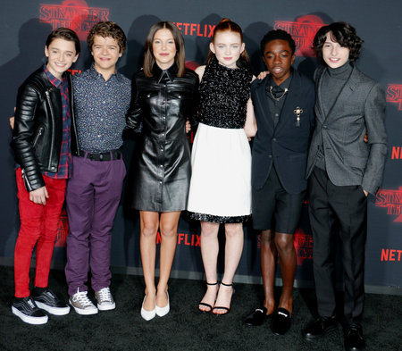 Noah Schnapp, Gaten Matarazzo, Millie Bobby Brown, Sadie Sink, Caleb McLaughlin and Finn Wolfhard at the Netflix's season 2 premiere of 'Stranger Things' held at the Regency Village Theatre in Westwood, USA on October 26, 2017.のeditorial素材