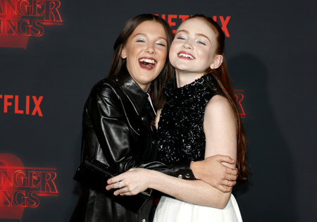 Millie Bobby Brown and Sadie Sink at the Netflix's season 2 premiere of 'Stranger Things' held at the Regency Village Theatre in Westwood, USA on October 26, 2017.のeditorial素材