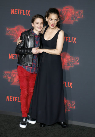 Winona Ryder and Noah Schnapp at the Netflix's season 2 premiere of 'Stranger Things' held at the Regency Village Theatre in Westwood, USA on October 26, 2017.のeditorial素材