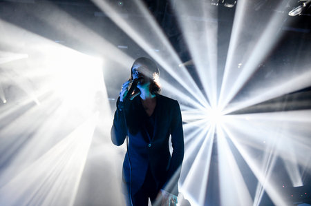 Ville Valo, the lead singer and frontman of HIM. The Finnish rock band HIM had their final concert at Helldone Festival held at the Helsinki Ice Hall in Helsinki, Finland on December 27, 2017.のeditorial素材