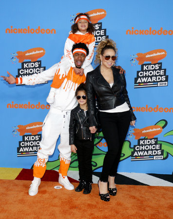 Mariah Carey, Nick Cannon, Moroccan Cannon and Monroe Cannon at the Nickelodeon's 2018 Kids' Choice Awards held at the Forum in Inglewood, USA on March 24, 2018.のeditorial素材