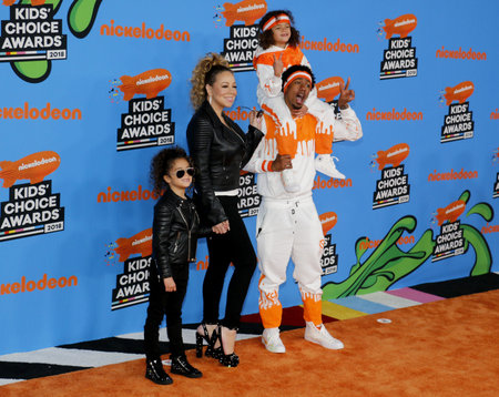Mariah Carey, Nick Cannon, Moroccan Cannon and Monroe Cannon at the Nickelodeon's 2018 Kids' Choice Awards held at the Forum in Inglewood, USA on March 24, 2018.のeditorial素材