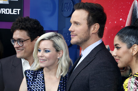 Phil Lord, Chris Pratt, Stephanie Beatriz and Elizabeth Banks at the Los Angeles premiere of 'The Lego Movie 2: The Second Part' held at the Regency Village Theatre in Westwood, USA on February 2, 2019.のeditorial素材