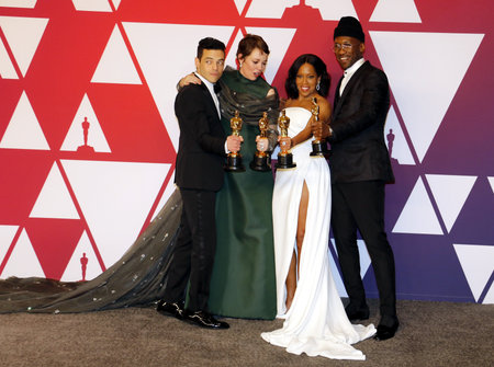 Rami Malek, Olivia Colman, Regina King and Mahershala Ali at the 91st Annual Academy Awards - Press Room held at the Loews Hotel in Hollywood, USA on February 24, 2019.のeditorial素材