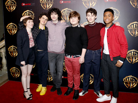 Sophia Lillis, Finn Wolfhard, Jeremy Ray Taylor, Wyatt Oleff, Chosen Jacobs and Jack Dylan Grazer at the 2019 CinemaCon - Warner Bros. Pictures 'The Big Picture' Presentation held at the Caesars Palace in Las Vegas, USA on April 2, 2019.のeditorial素材