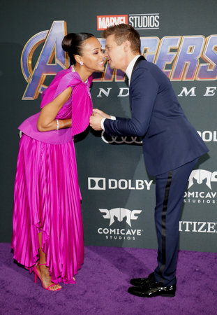 Jeremy Renner and Zoe Saldana at the World premiere of 'Avengers: Endgame' held at the LA Convention Center in Los Angeles, USA on April 22, 2019.のeditorial素材