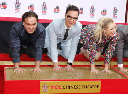Johnny Galecki, Jim Parsons and Kaley Cuoco at the handprints ceremony for 'The Big Bang Theory' held at the TCL Chinese Theatre in Hollywood, USA on May 1, 2019.のeditorial素材