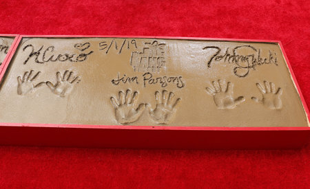 Johnny Galecki, Jim Parsons and Kaley Cuoco at the handprints ceremony for 'The Big Bang Theory' held at the TCL Chinese Theatre in Hollywood, USA on May 1, 2019.のeditorial素材