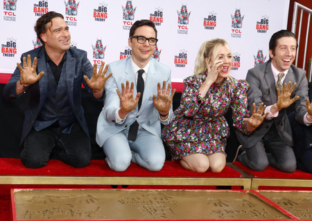 Johnny Galecki, Jim Parsons, Kaley Cuoco and Simon Helberg at the handprints ceremony for 'The Big Bang Theory' held at the TCL Chinese Theatre in Hollywood, USA on May 1, 2019.のeditorial素材