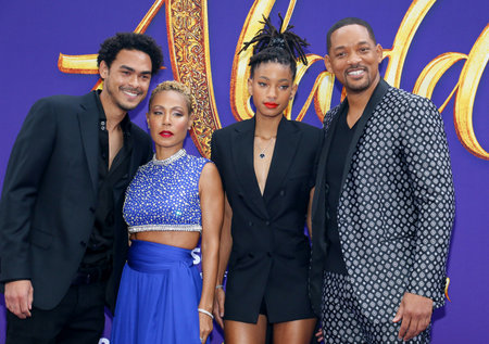 Trey Smith, Jada Pinkett Smith, Willow Smith and Will Smith at the Los Angeles premiere of 'Aladdin' held at the El Capitan Theatre in Hollywood, USA on May 21, 2019.のeditorial素材