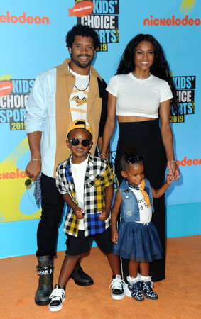 Ciara, Russell Wilson, Sienna Princess Wilson and Future Zahir Wilburn at the 2019 Nickelodeon Kids' Choice Sports held at the Barker Hangar in Santa Monica, USA on July 11, 2019.のeditorial素材