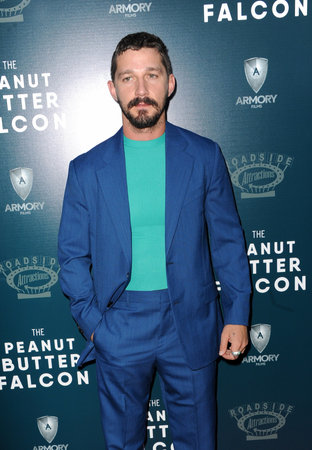 Shia LaBeouf at the Los Angeles premiere of 'The Peanut Butter Falcon' held at the ArcLight Cinemas in Hollywood, USA on August 1, 2019.のeditorial素材
