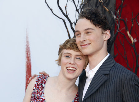 Wyatt Oleff and Sophia Lillis at the Los Angeles premiere of 'It Chapter Two' held at the Regency Village Theatre in Westwood, USA on August 26, 2019.のeditorial素材