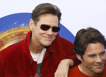 James Marsden and Jim Carrey at the Los Angeles premiere of 'Sonic the Hedgehog' held at Paramount Theatre in Los Angeles, USA on January 25, 2020.のeditorial素材