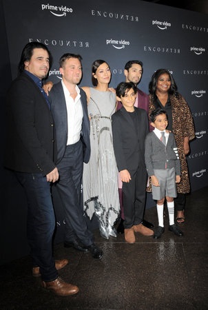 Aditya Geddada, Lucian-River Chauhan, Riz Ahmed, Octavia Spencer, Antonio Jaramillo, at the Los Angeles premiere of Amazon Studios' 'Encounter' held at the DGA in Los Angeles, USA on December 2, 2021.のeditorial素材