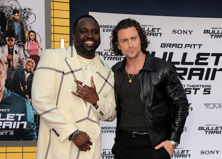 Brian Tyree Henry and Aaron Taylor-Johnson at the Los Angeles premiere of 'Bullet Train' held at the Regency Village Theatre in Westwood, USA on August 1, 2022.のeditorial素材