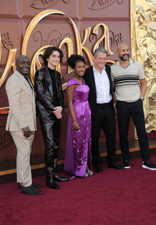 Paterson Joseph, Paul King, Calah Lane, Timothee Chalamet, Keegan at the Los Angeles premiere of 'Wonka' held at the Regency Village Theater in Westwood, USA on December 10, 2023.のeditorial素材