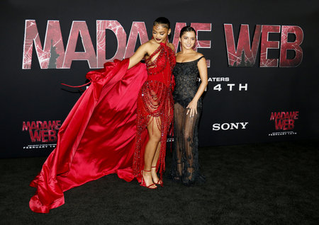 Celeste O'Connor and Isabela Merced at the Los Angeles premiere of 'Madame Web' held at the Regency Village Theater in Westwood, USA on February 12, 2024.のeditorial素材